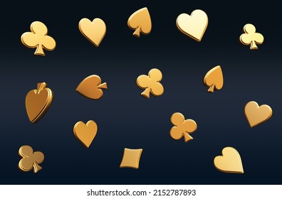 3D poker card suits - hearts, clubs, spades and diamonds. Casino gambling 3d render 3d rendering illustration. gold objects.