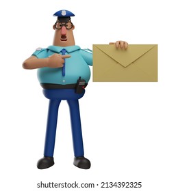 3D Police Officer Cartoon Character With A Brown Envelope