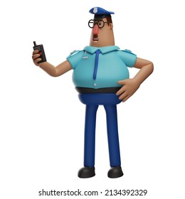 3D Police Officer Cartoon Character Having A Handy-talkie