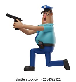 3D Police Officer Cartoon Illustration Pointing A Gun