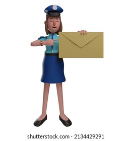 3D Police Woman Cartoon Character Holding A Big Envelope