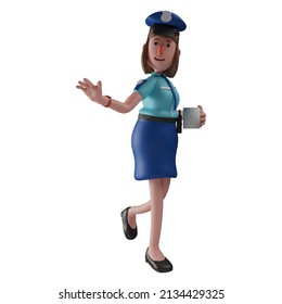3D Police Woman Cartoon Character Holding A Cup Of Coffee