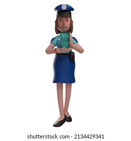 3D Police Woman Cartoon Character Holding A Cellphone