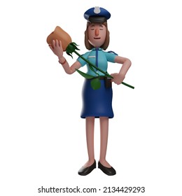 3D Police Woman Cartoon Design Holding A Rose Flower