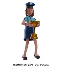 3D Police Woman Cartoon Having A Trophy
