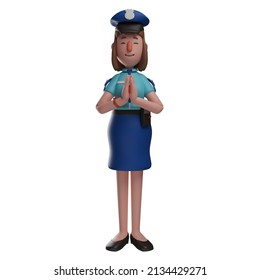 3D Police Woman Cartoon Illustration Cupping Her Hands