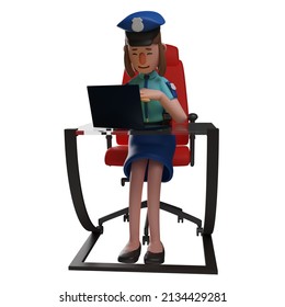 3D Police Woman Cartoon Picture Working With A Laptop