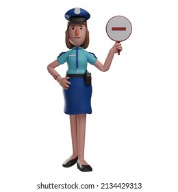 3D Police Woman Cartoon Picture Holding A Stop Sign