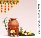 3d Pongal festival render in brown backgorund , pongal on top fire pot, cooking pongal in traditional method with fruits around