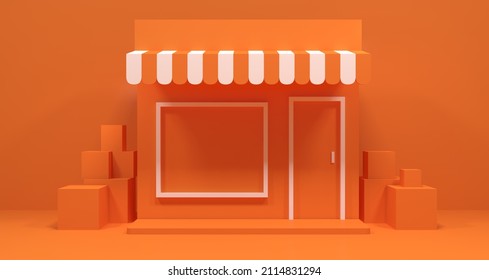 3D Pop Up Store With Orange Color Backgroound Concept 