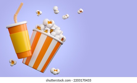 3d popcorn and paper glass drink. Cinema, movie, film, entertainment concept background in trendy plastic colors. High quality isolated render