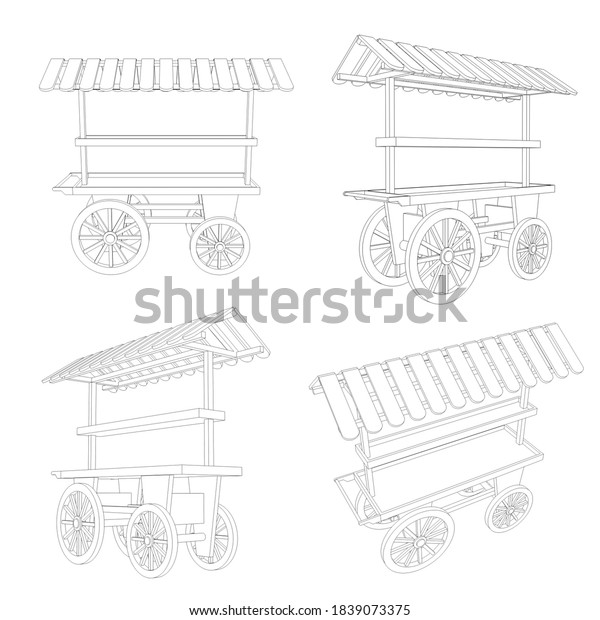 3d portable market cart\
with canopy for selling display product. High resolution image\
illustration rendering sketch outline drawing coloring background\
isolated.