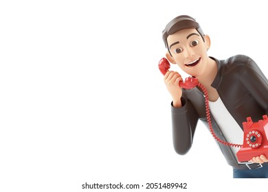 3d Portrait Cartoon Man Talking On Retro Phone, Illustration Isolated On White Background