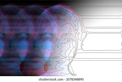 3d Portrait Of A Man With Glitch Effect. Psychedelic Art.Cyberpunk Style. Conceptual Image Of Artificial Intelligence.Virtual Reality. Deep Learning And Face Recognition Systems. 