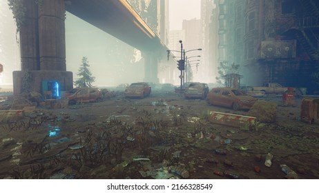 3D Post apocalyptic background image of fogey city with abandoned and destroyed buildings, cracked road, cars and sign.3D rendering