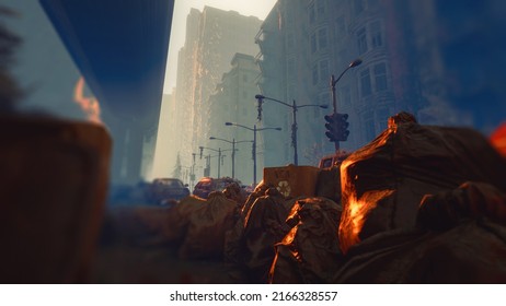 3D Post apocalyptic background image of fogey city with abandoned and destroyed buildings, cracked road, cars and sign.3D rendering backdrop