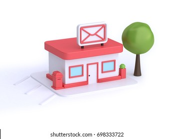 3d Post Office Building Cartoon Style White Background 3d Rendering,post Communication Transportation Concept