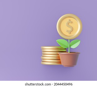 3d Pot Of Plant With Gold Coin Flower And Coins Stack On Purple Background. 3D Illustration Rendering.