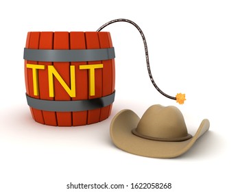 3D Powder keg about to blow up and cowboy hat. 3D Rendering isolated on white.