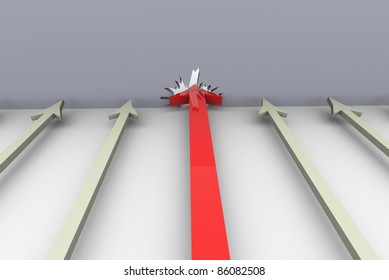 3d powerful red arrow breaks through wall