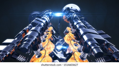 3D Powerful V8 Engine With Lens Flares. Pistons And Other Mechanical Parts - 3D Illustration Render