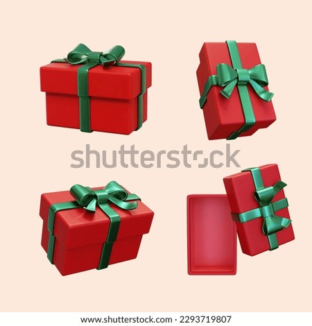3D present element set isolated on light pink background. Red gift boxes wrapped with green ribbon, open and closed in different angles.
