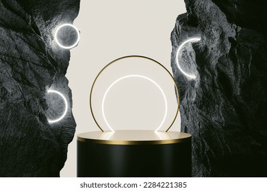 3d presentation pedestal between rocks with neon lights. 3d rendering of mockup of presentation podium for display or advertising purposes. 3D Illustration