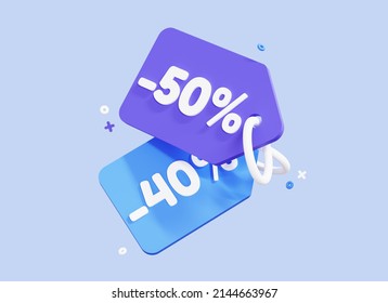 3D Price tag with 40% and 50% off. Discount coupon or voucher. Promotion sale banner. Creative design poster for digital marketing. Online shopping with offer and discount percent. 3D Rendering - Powered by Shutterstock