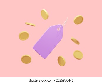 3d Price Tag With Floating Coins Around Isolated On Blush Pink Background. Discount Coupon. Concept Of Online Sale. 3d Rendering Illustration Of Promo Tag Coupon, Sale Voucher.