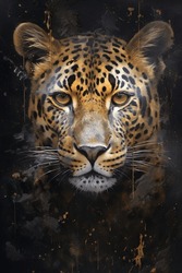 3D Print Design For Interior, Wall, Wallpaper, Canvas. 3d Gold Leopard On Black Beautiful Texture Background. Beautiful Animal Leopard Oil Canvas Frame Painting. Oil Texture Canvas. Golden Texture.