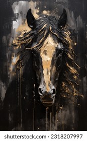 3D print design for interior, wall, wallpaper, canvas. 3d gold horse on black beautiful texture background. Beautiful animal horse oil canvas frame painting. Oil texture canvas. Golden texture.