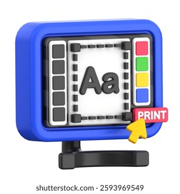 3D print settings interface with color options and text editing. Perfect 3D icon for printing services, graphic design, digital tools, and creative projects