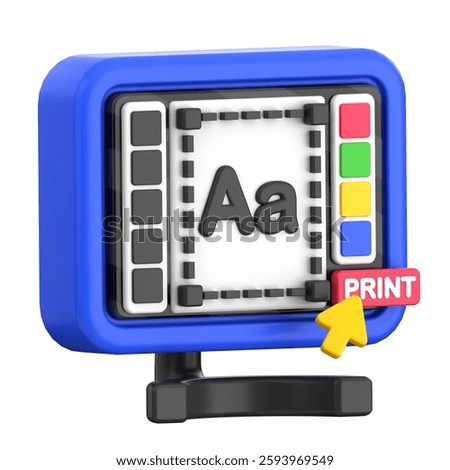 3D print settings interface with color options and text editing. Perfect 3D icon for printing services, graphic design, digital tools, and creative projects