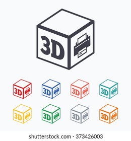 3D Print Sign Icon. 3d Cube Printing Symbol. Additive Manufacturing. Colored Flat Icons On White Background.