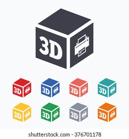 3D Print Sign Icon. 3d Cube Printing Symbol. Additive Manufacturing. Colored Flat Icons On White Background.