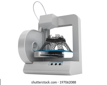 3d Printer Build Eiffel Tower Model On A White Background