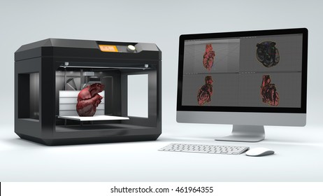 3D Printer Print Human Heart On A White Background 3d Rendering