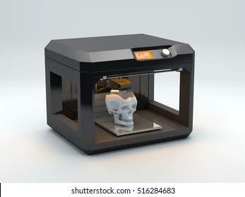 3D Printer Print Human Skull On A White Background 3d Rendering