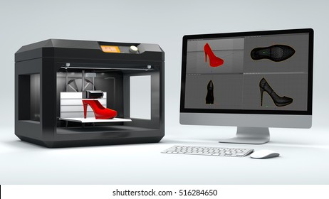 3D Printer Print Women's Shoes On A White Background 3d Rendering