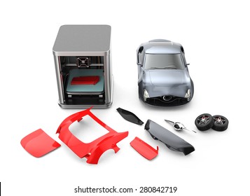 3D Printer Printing Car Body Parts. Concept For Customize Printing Service. Clipping Path Available.