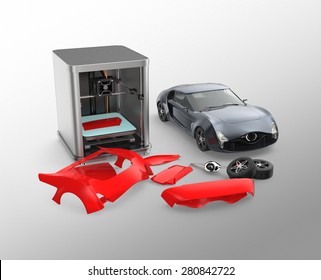 3D Printer Printing Car Body Parts. Concept For Customize Printing Service. Clipping Path Available.