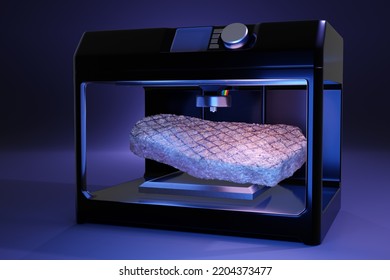 3D Printer Printing An Edible Steak. 3D Illustration Of The Concept Of Futuristic And Sustainable Food Solution