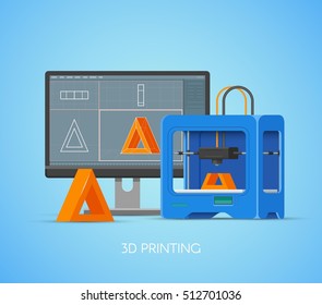 3D Printing Concept Poster In Flat Style. Design Elements And Icons. Industrial 3D Printer Print Objects From Computer Model.