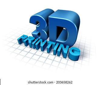 3D Printing Concept With Three Dimensional Text As A Symbol Of New Print Technology Duplicating Objects For Product Or Prototype Development,using Industrial Robots And Future Manufacturing Process.