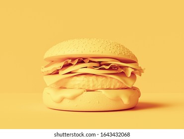 3d Printing Food Concept, Abstract Fake Yellow Hamburger, Junk Food Creative Banner, 3d Illustration. 