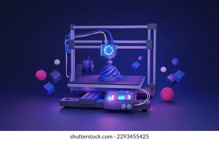 3D printing technology and polymer prototype printing 3D illustration concept. Three dimensional model creation with modern technology and engineering device. Machine for solid. 3D Illustration