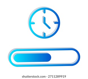 A 3D progress bar symbol with a clock above a horizontal loading bar, representing task progression, timing, and completion stages.