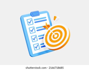 3D Project task management and hitting the target. Business marketing time. SEO optimisation. Clipboard with strategy plan. Cartoon creative design icon isolated on white background. 3D Rendering