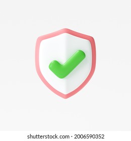 3d Protection Shield Icon, Checkmark On Shield Symbol, Safety Concept. 3d Render Illustration