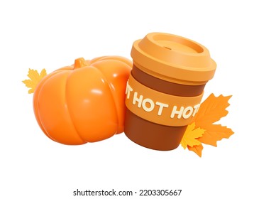 3D Pumpkin Coffee Latte. Autumn spice drink. Season beverage. Organic cappuccino or tea. Realistic element for menu. Cartoon creative design icon isolated on white background. 3D Rendering - Powered by Shutterstock